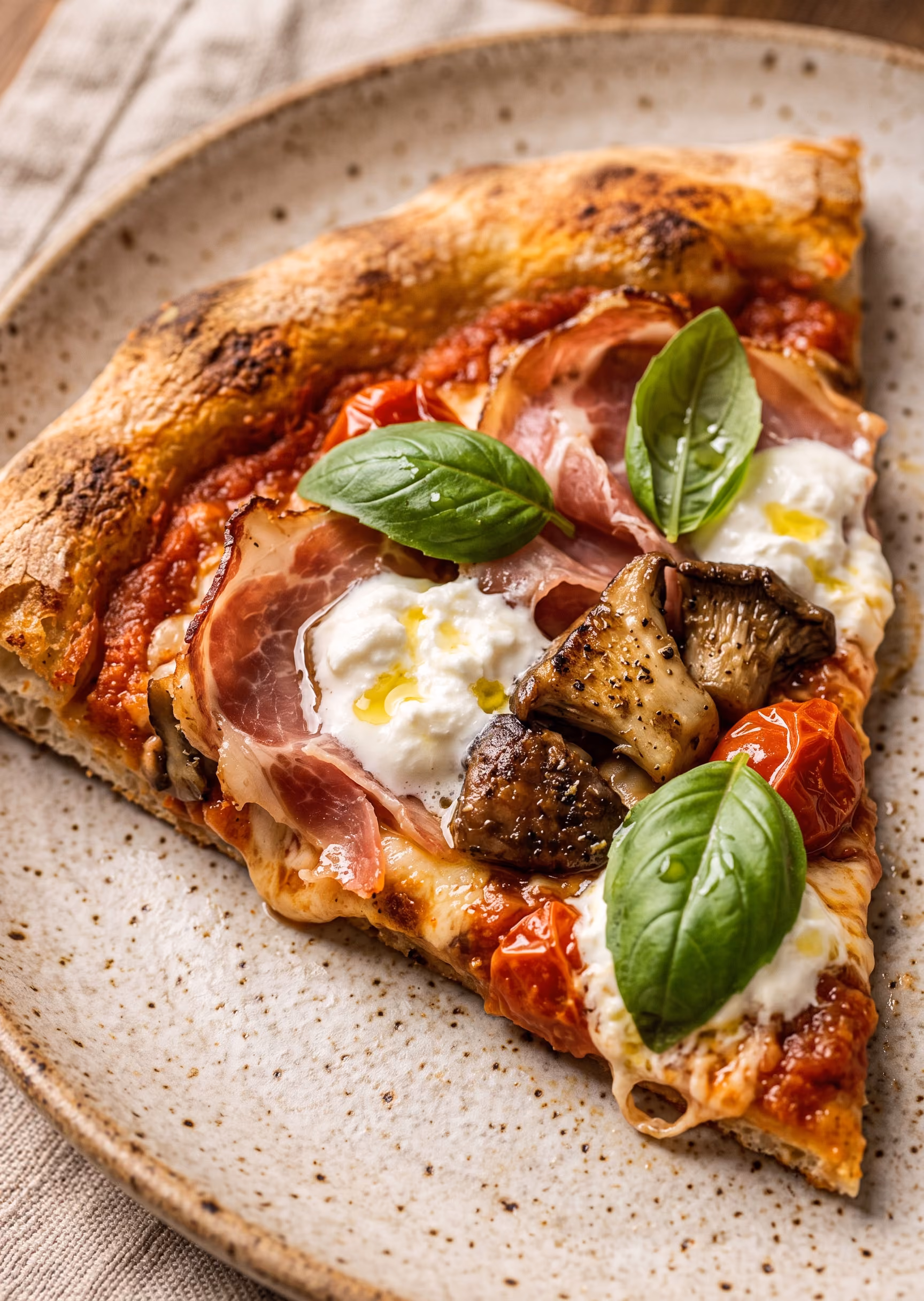 Slice of pizza with tomato sauce, mushrooms, prosciutto, mozzarella, and fresh basil leaves on a speckled plate.