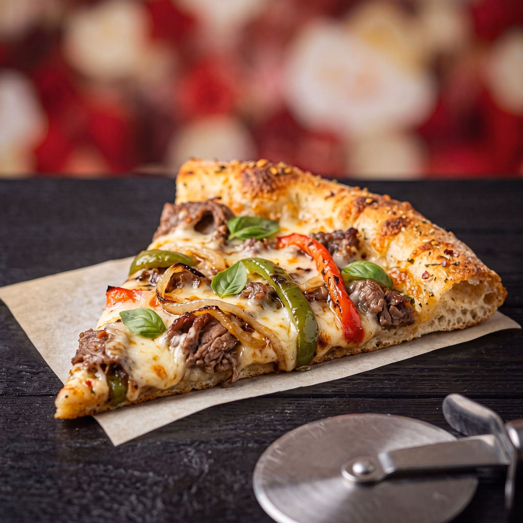 Cheesesteak Pizza slice (Shaved steak, onions, peppers, and mozzarella)