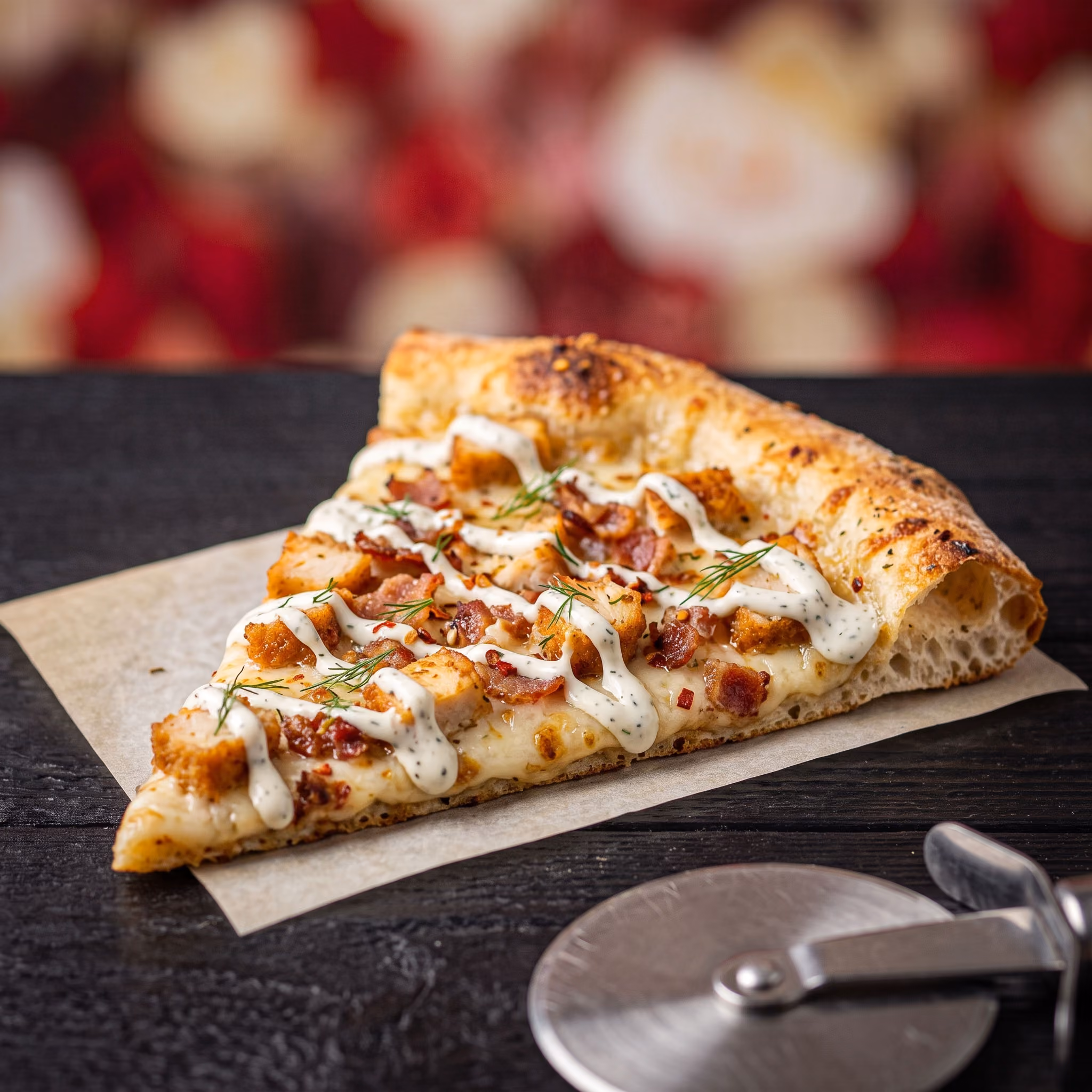 Chicken Bacon Ranch Pizza slice (Diced chicken cutlet, crumbled bacon, and ranch drizzle)