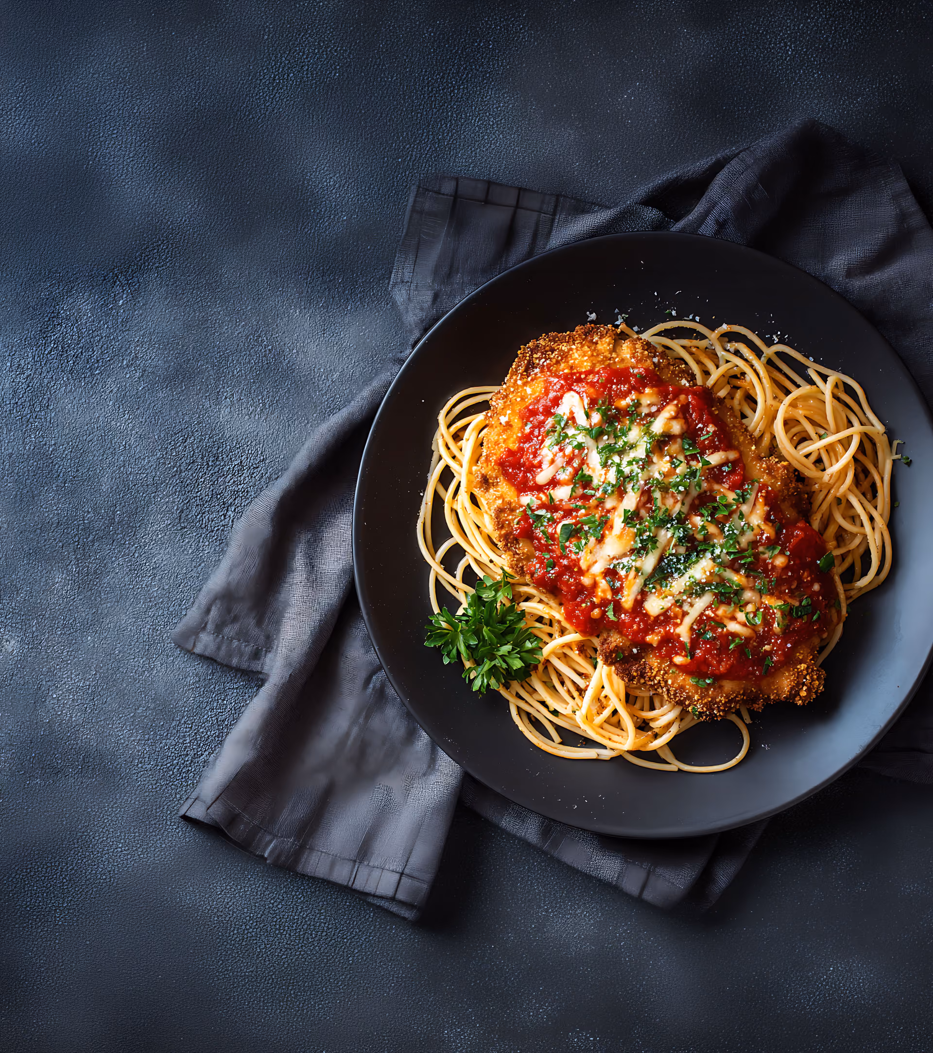 Plate of chicken parmesan topped with tomato sauce and cheese served on spaghetti with parsley garnish.