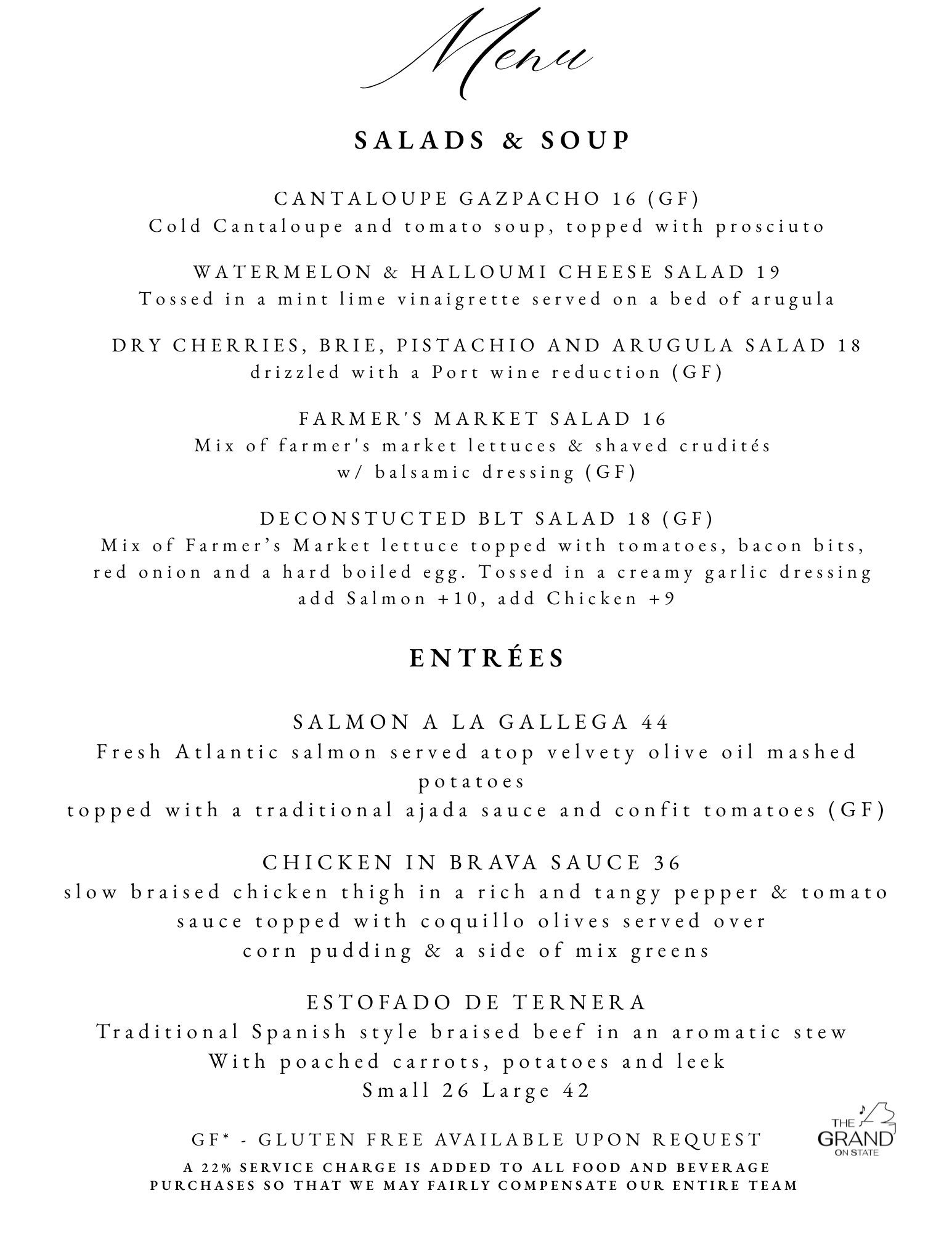 Menu — salads, soup and entrées