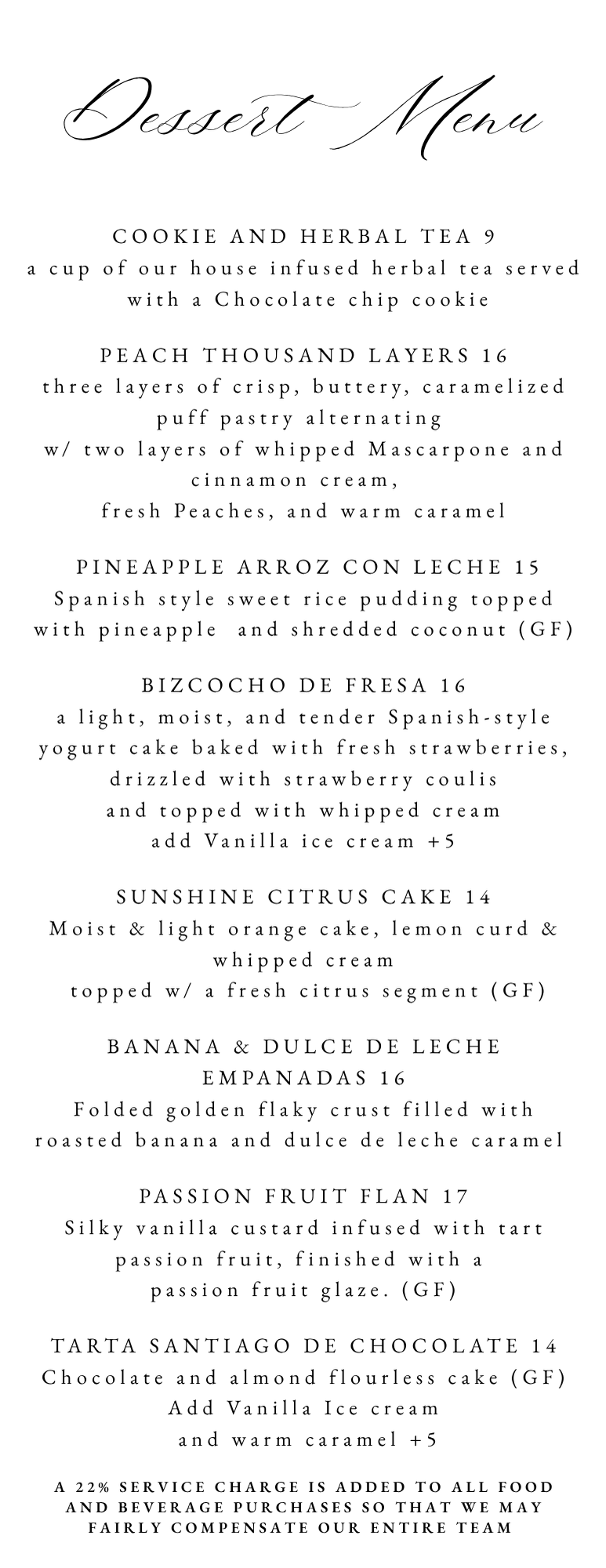 Dessert menu
