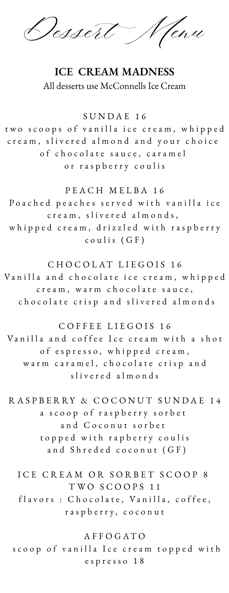 Dessert menu — ice cream