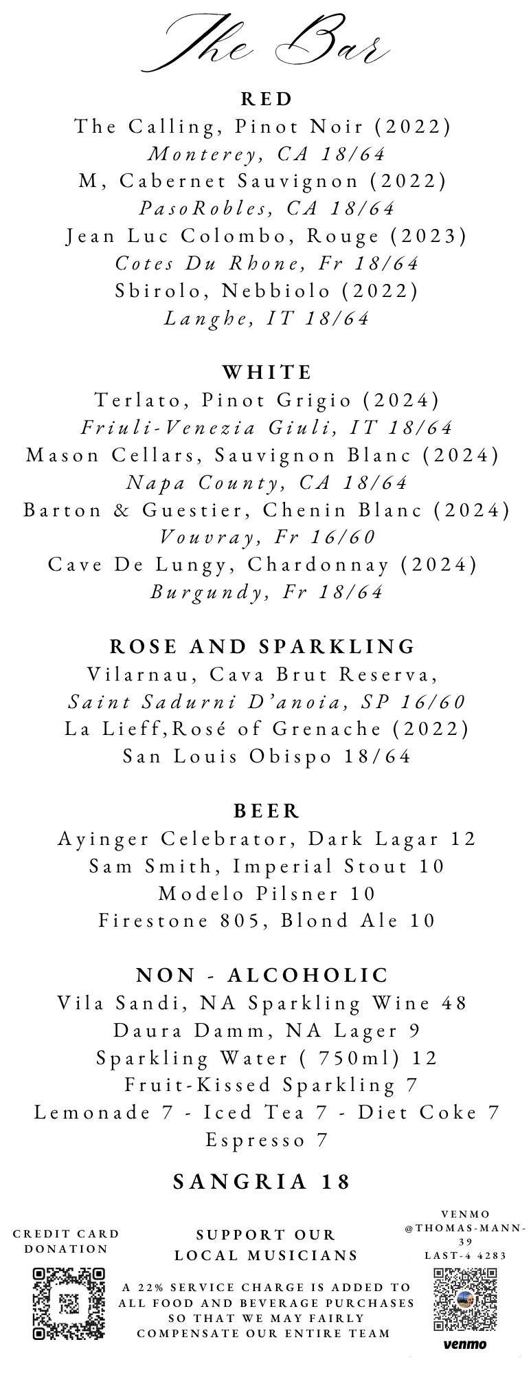 The bar — red, white, rosé, beer, sangria and non-alcoholic