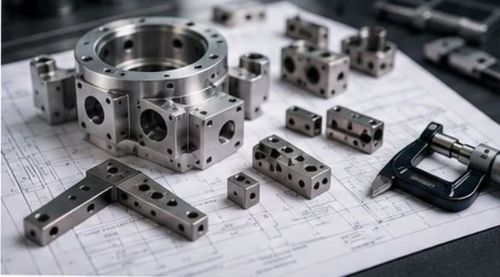 Precision-machined metal parts arranged on an engineering drawing with a micrometer