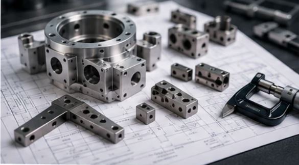 Precision-machined metal parts arranged on an engineering drawing with a micrometer