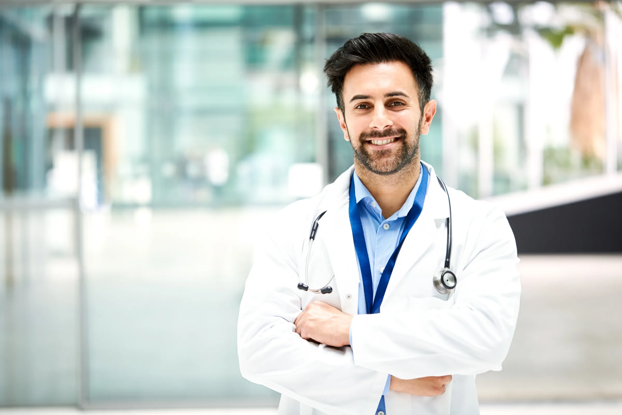 Physician standing outside a medical center