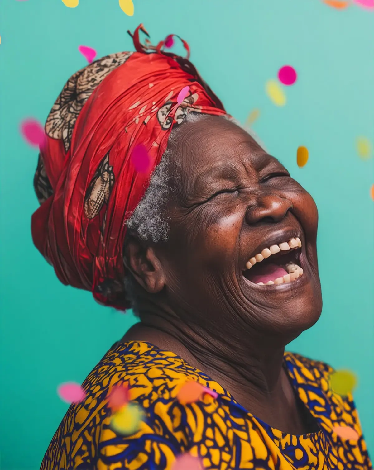 Older woman in a colourful headwrap laughing as confetti falls around her.