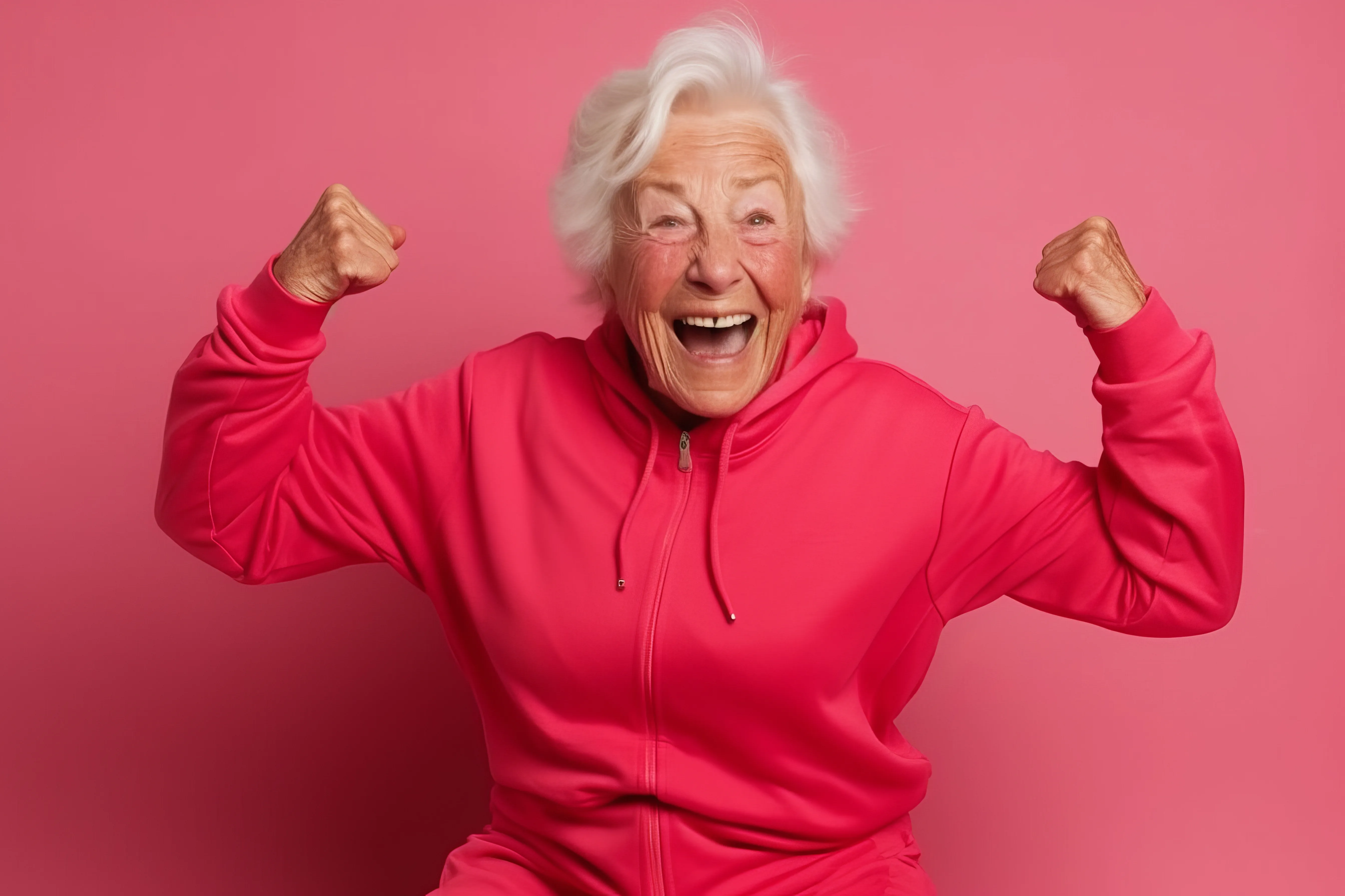 Older woman in a bright pink tracksuit smiling and raising both arms in celebration.