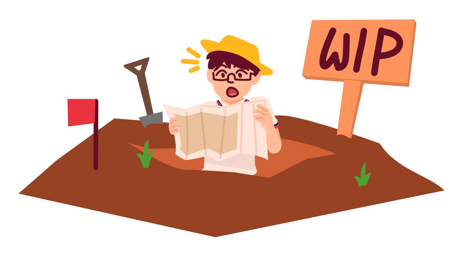 A child in school uniform waist-deep in a hole and surrounded but dirt, looking at a blueprint in surprise. To the left of him is a surveying flag and shovel stuck in the ground. To his right is a wodden sign reading 'WIP'.