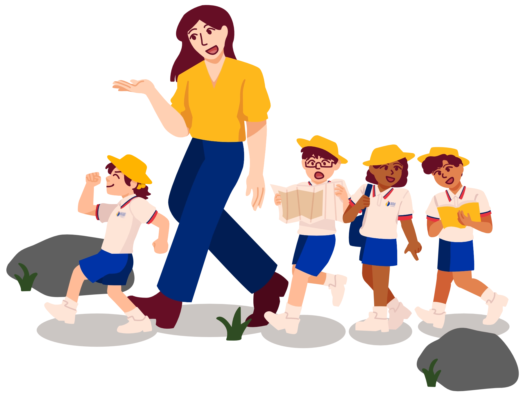 A teacher and her students walk through a grassy area. The children explore and observe things in the forest, and are curious and engaged.