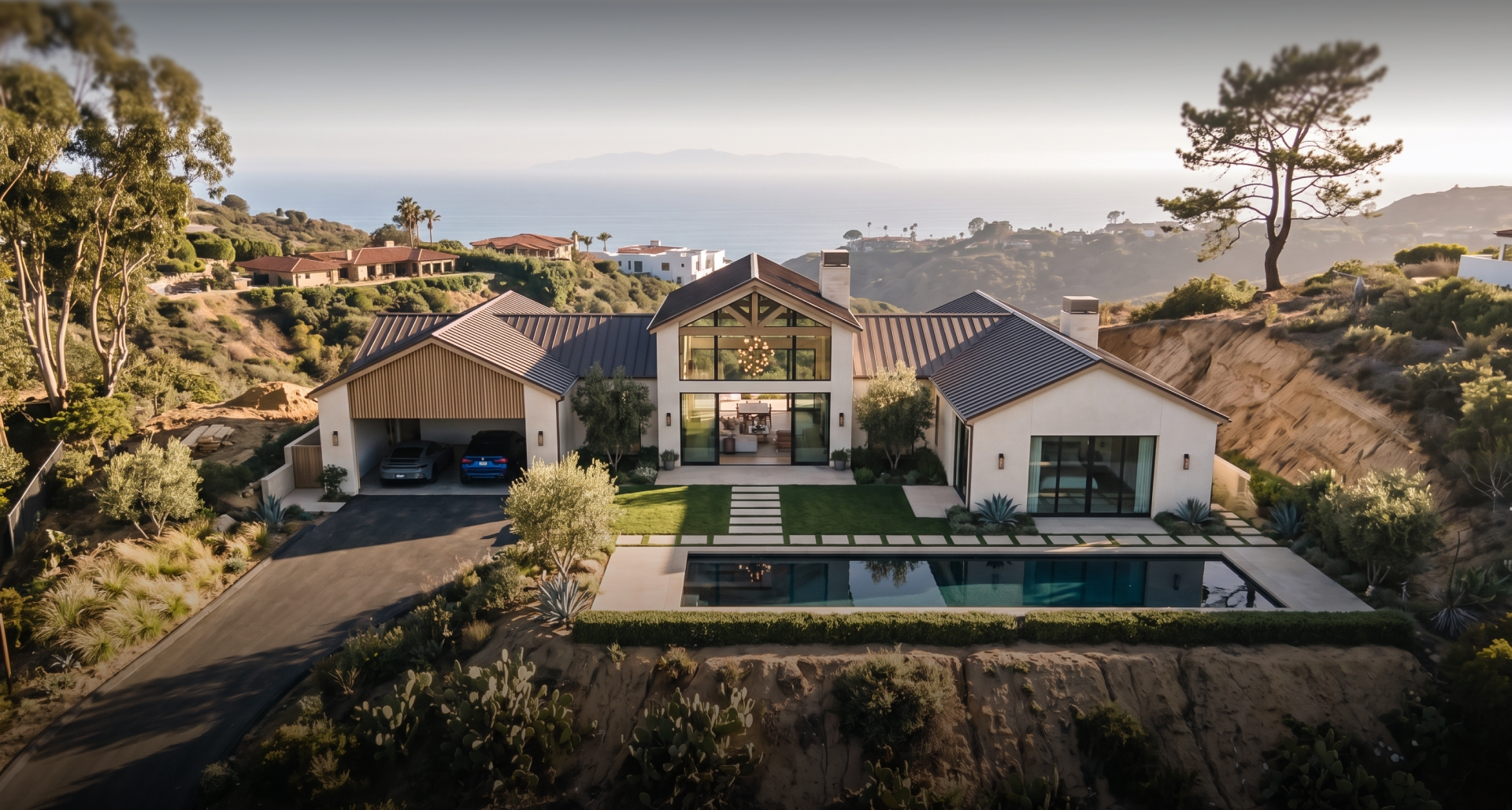 Finished custom home on the coastal homesite at dusk