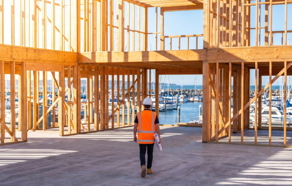 Superintendent walking through new construction framing with the harbor beyond