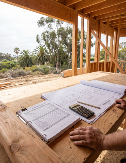 Builders reviewing plans on site