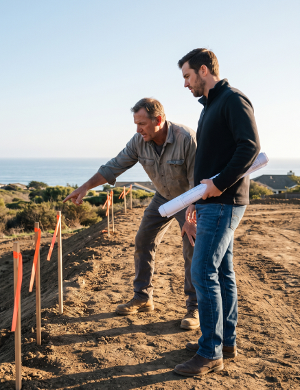Builders reviewing plans on site