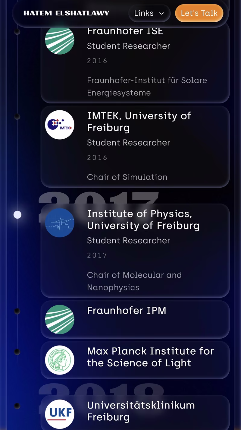 The CV page on iPhone, timeline with years ghosted behind the institutions