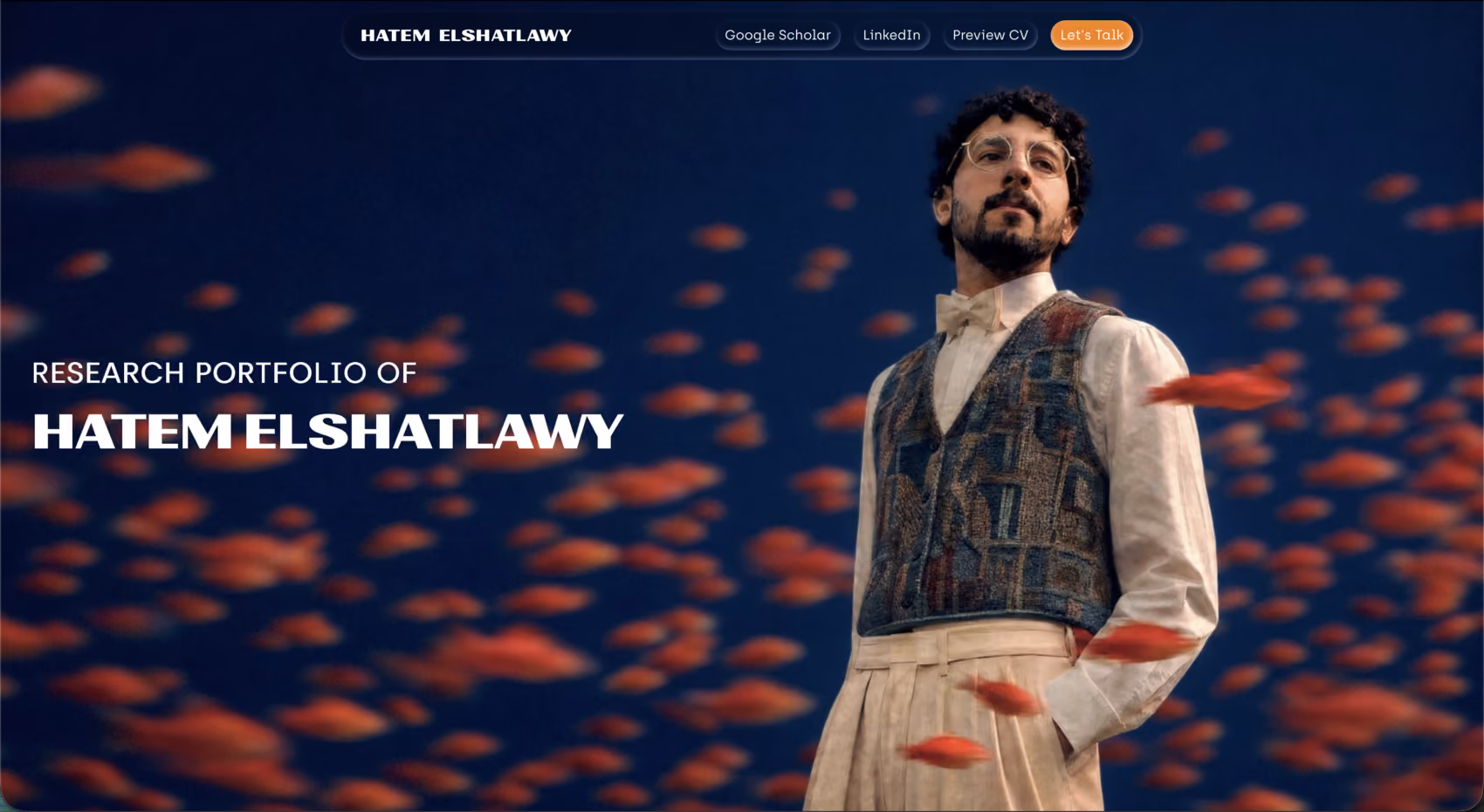 hatem.is home page on desktop, portrait over a drifting field