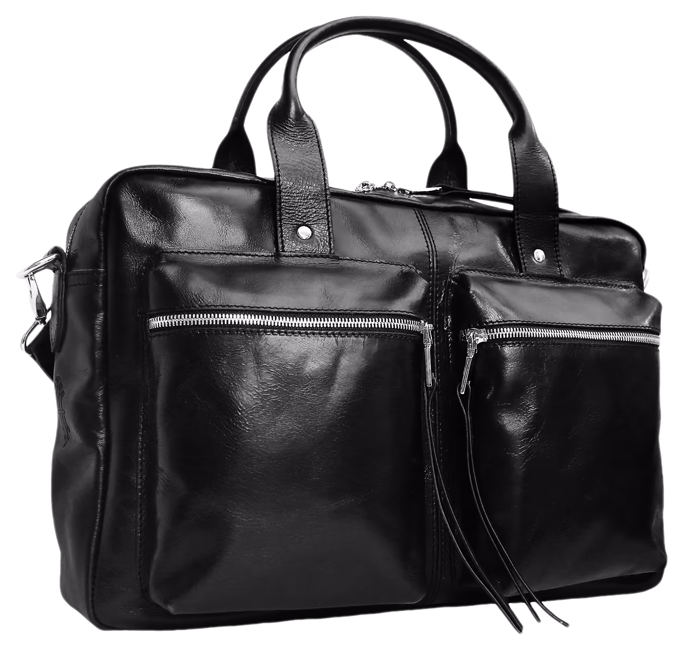 Messenger bag in black leather, three quarter view