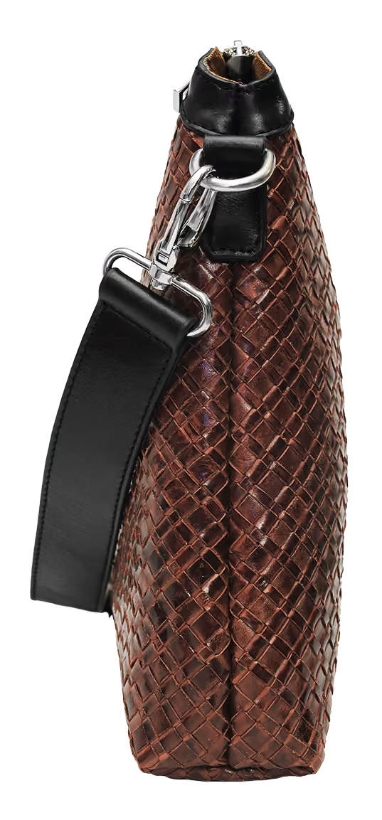 Woven brief in burgundy, side profile showing depth and strap mount