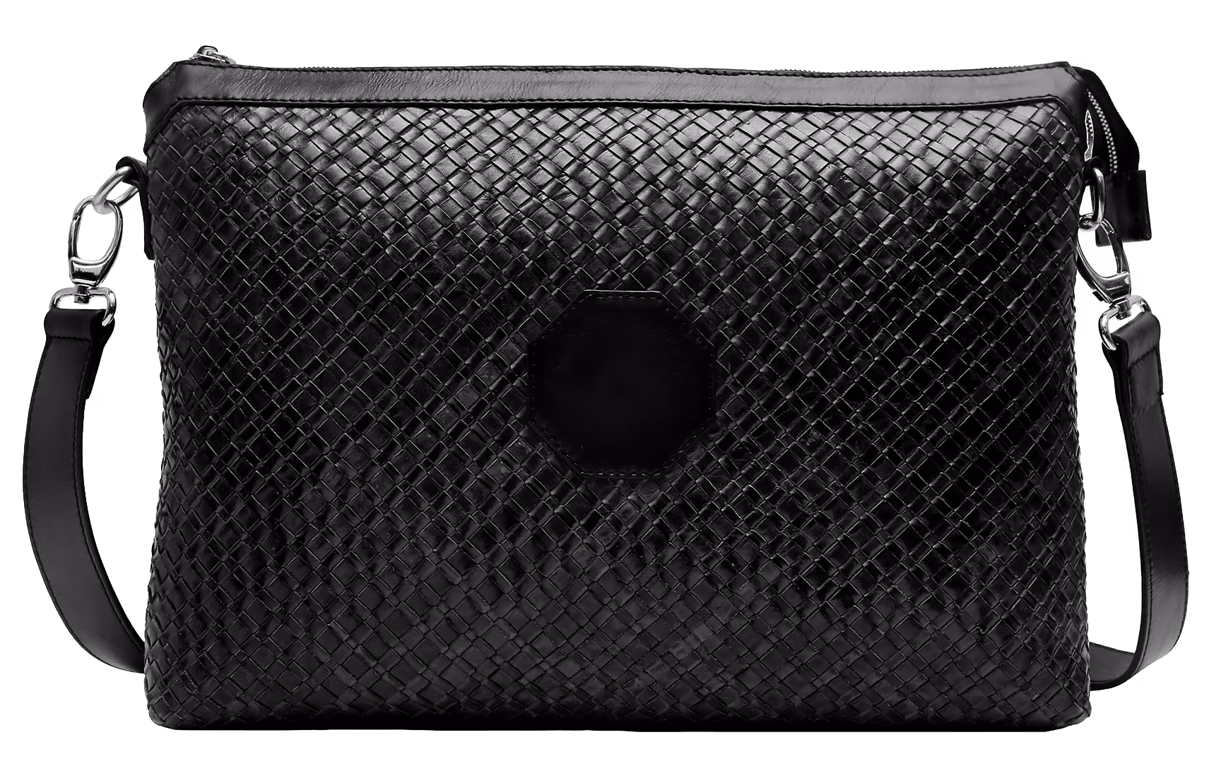 Woven 16 inch brief in black, front elevation