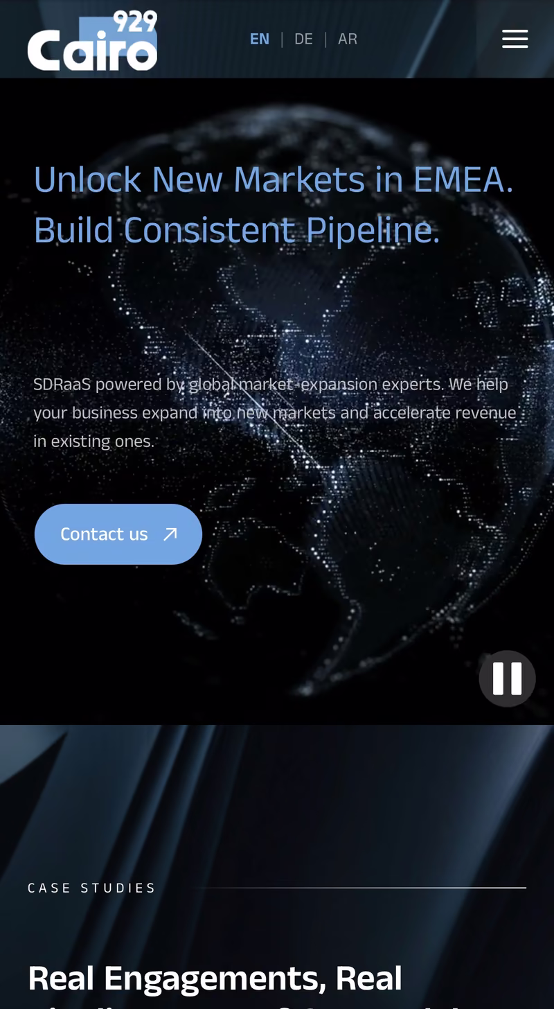 Cairo929 on iPhone in English, video hero with the language switcher