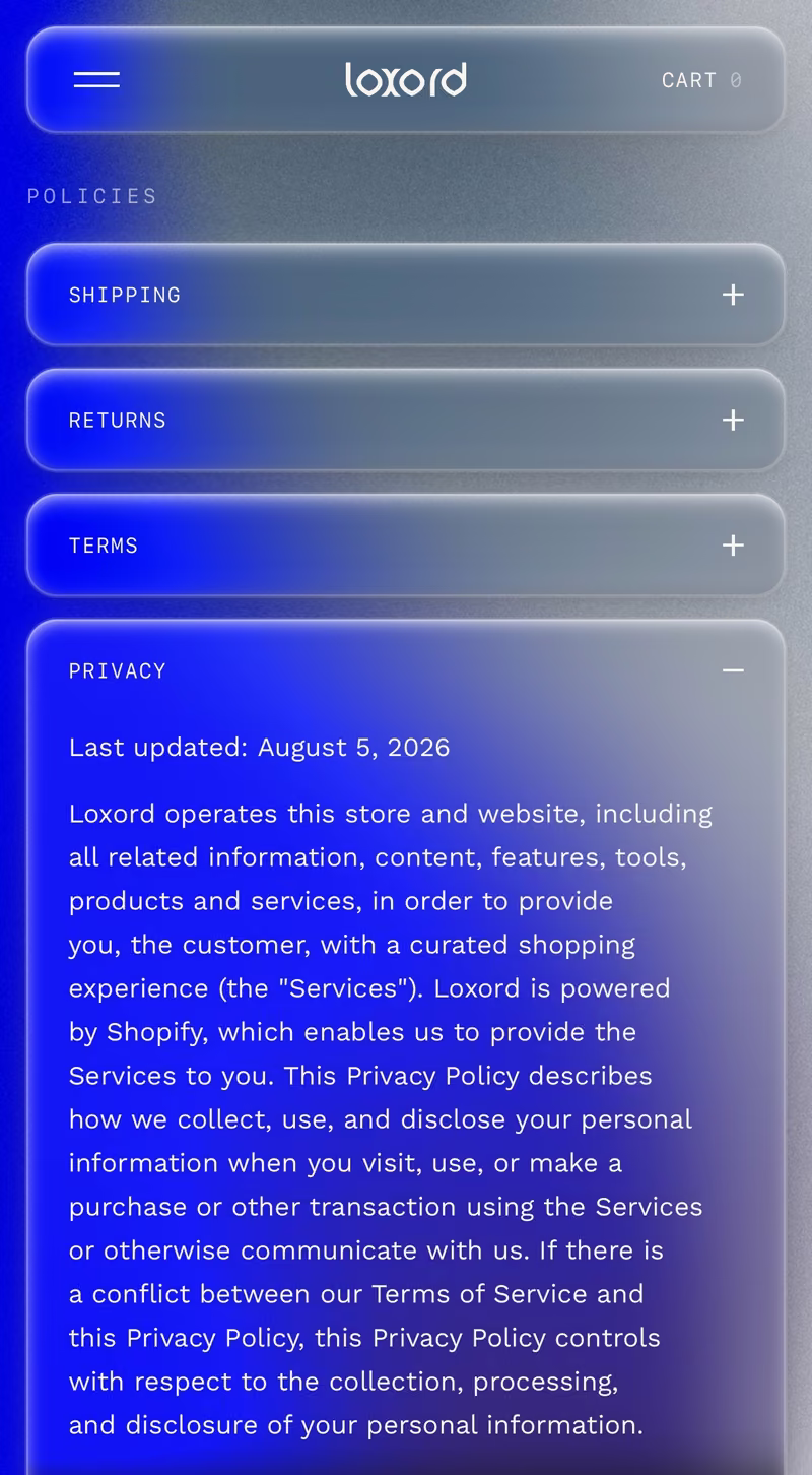 Loxord policies on iPhone, accordions over a blue field
