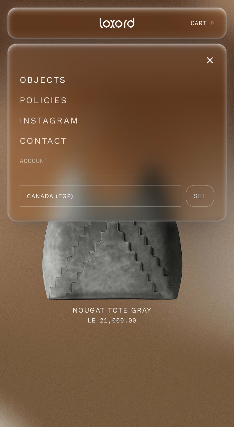 Loxord on iPhone, product view with the glass pill nav