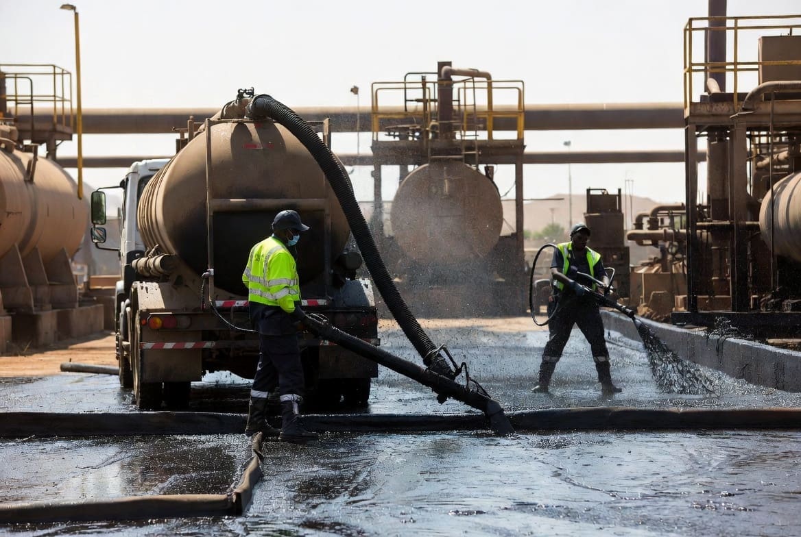 Professional industrial spill response using vacuum truck and high pressure cleaning equipment at a South African plant