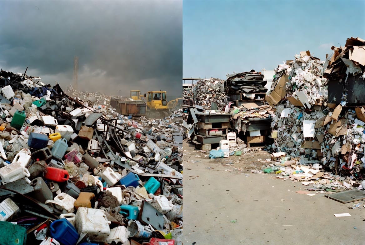 Before and after results of zero waste to landfill strategies showing reduced industrial waste through professional cleaning and recycling