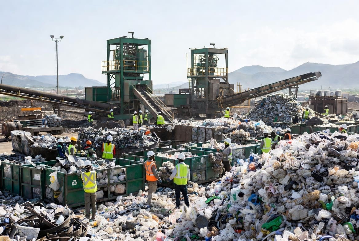 Zero waste to landfill in action with workers sorting recyclable industrial waste at a mining and industrial facility in South Africa