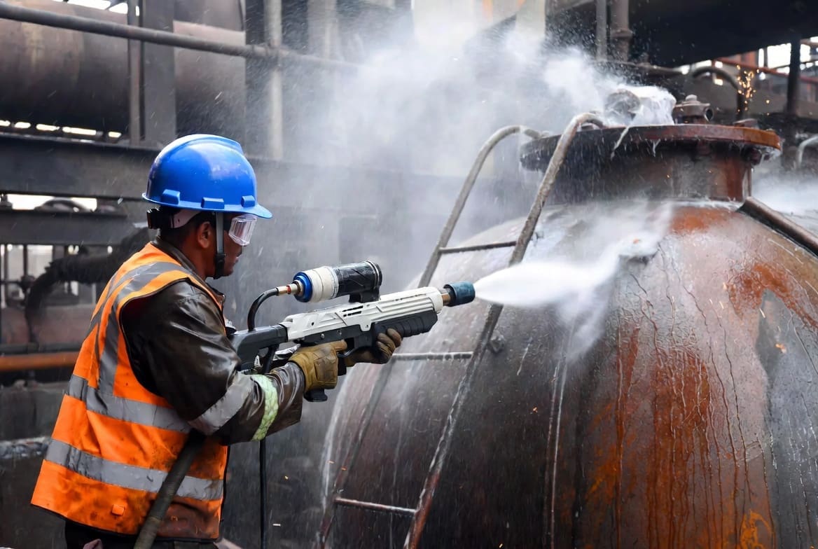 High pressure water jetting best practices demonstrated by a trained worker cleaning an industrial tank at Smet Jet Africa