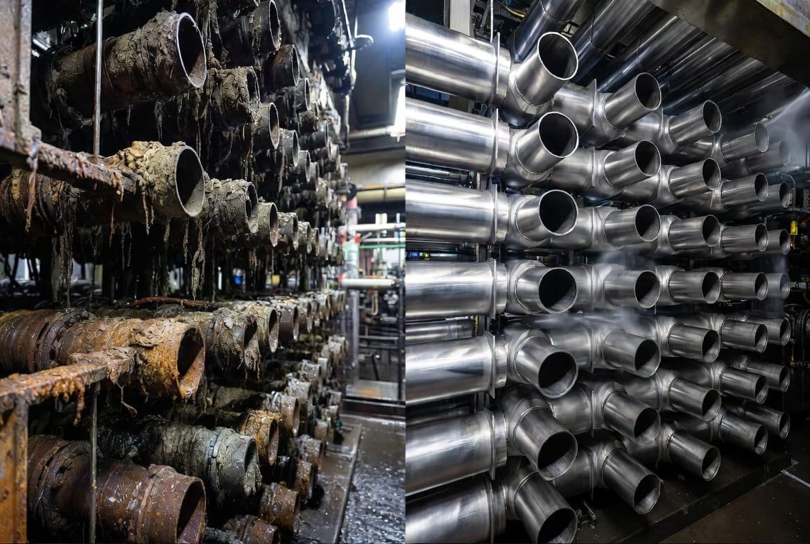 Before and after results of high pressure water jetting for industrial cleaning on pipes and tube bundles