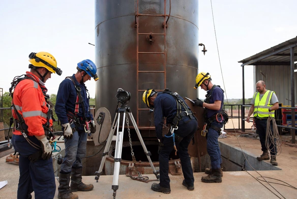 Confined space rescue team and safety equipment set up during an industrial tank cleaning operation