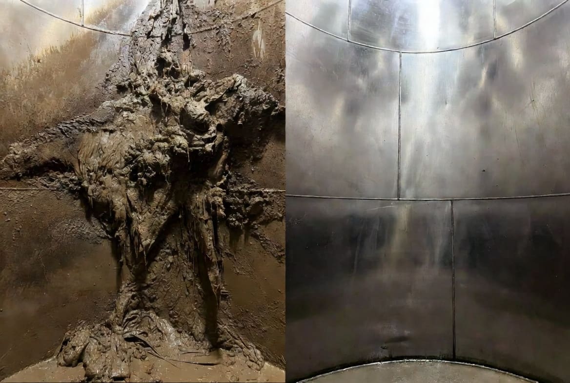 Before and after industrial tank cleaning showing heavy sludge buildup versus clean tank interior
