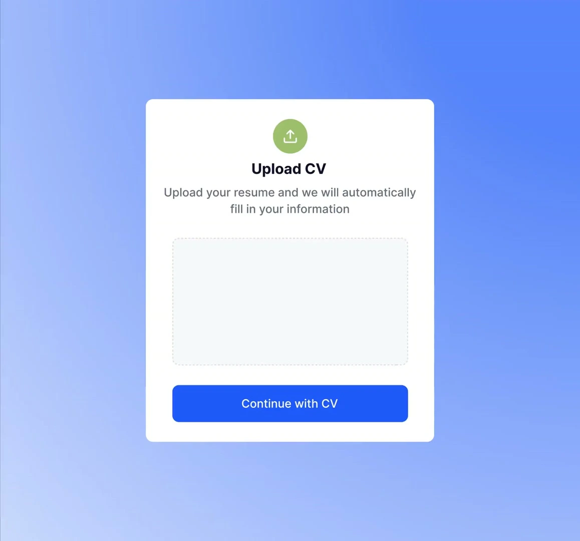 A white modal window on a blue gradient background prompts users to upload a CV, featuring an upload icon, instructional text, and a blue button.