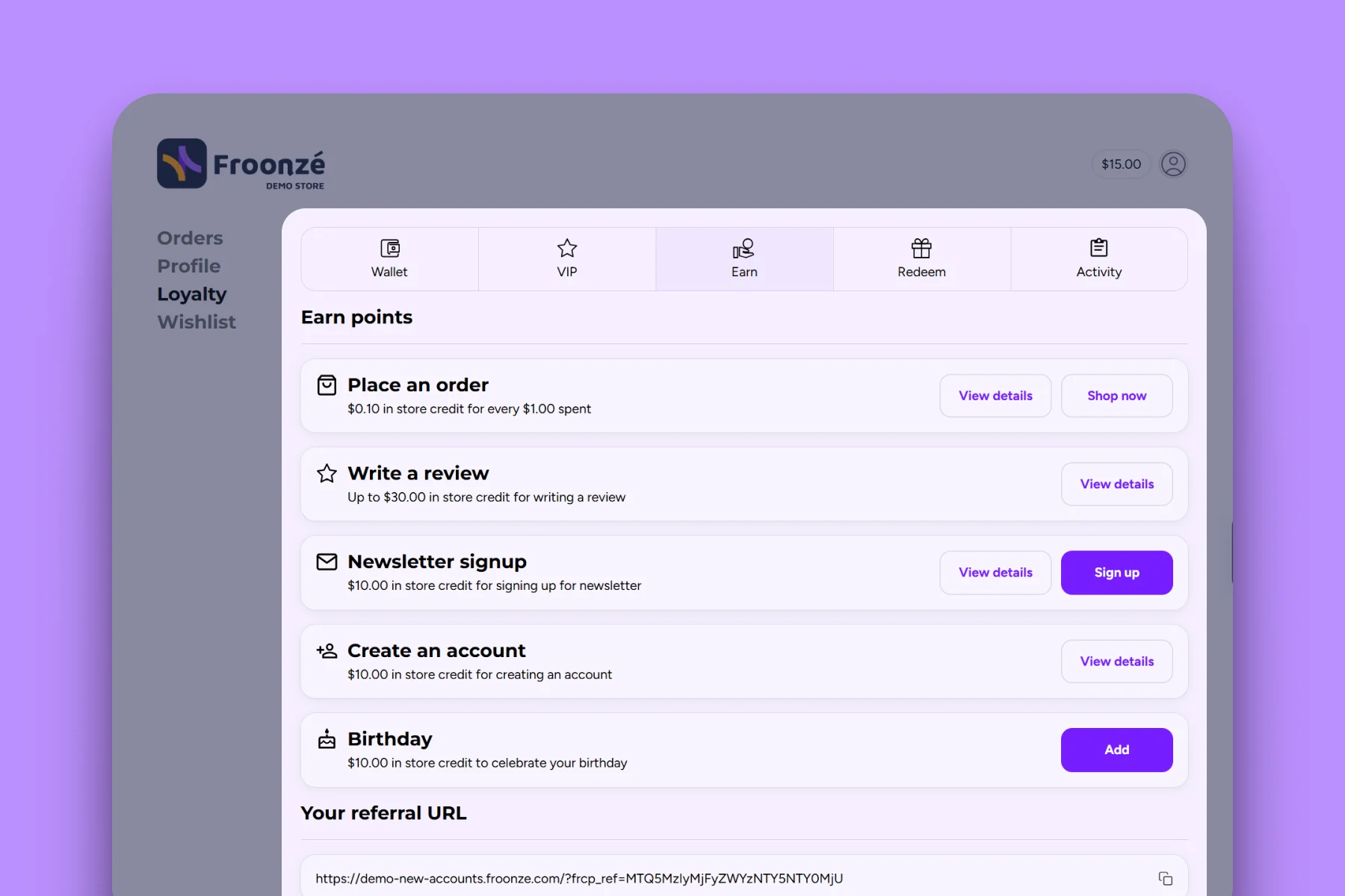 Froonze loyalty new accounts page extension