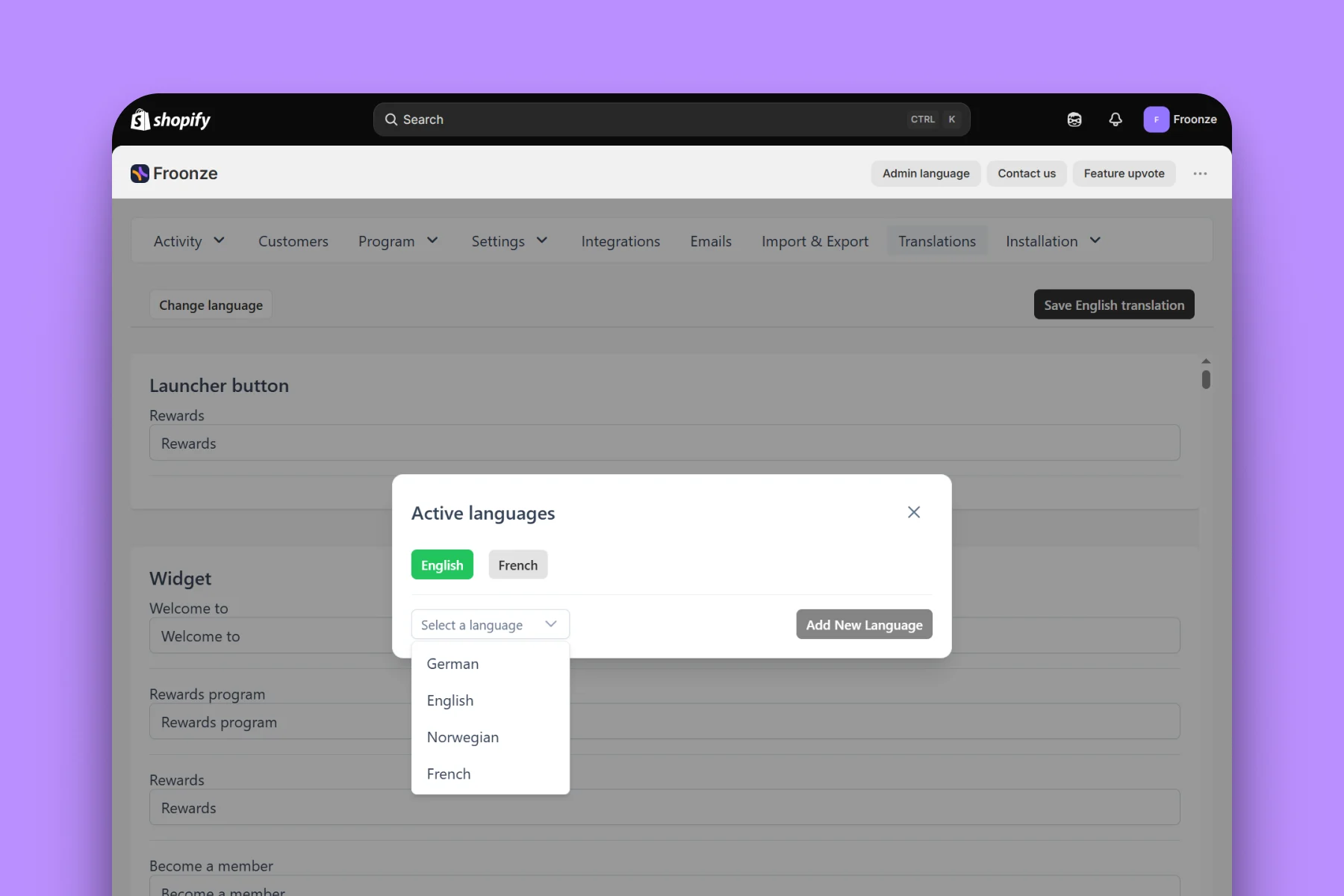 Froonze app dashboard loyalty translations