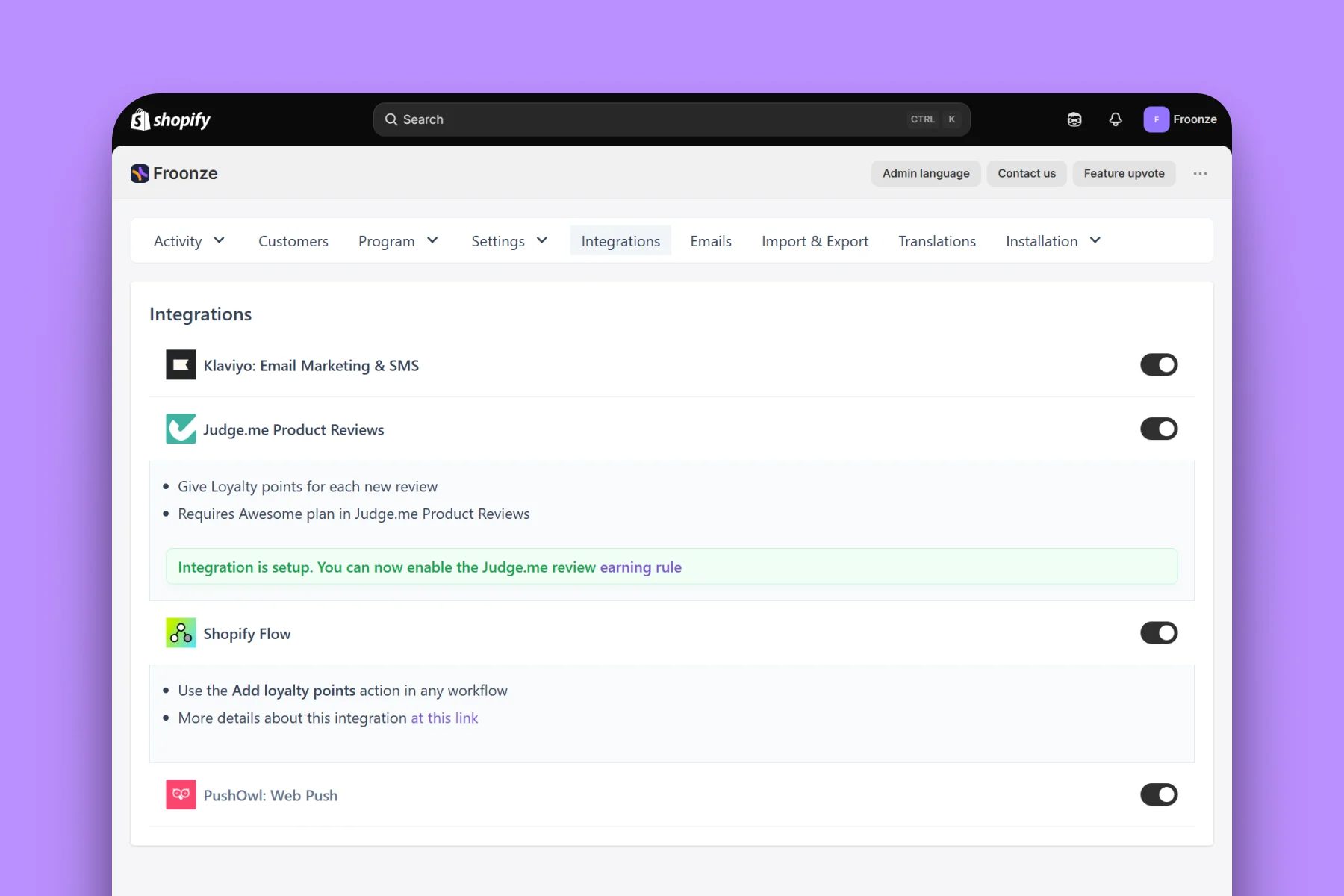 Froonze app dashboard loyalty integrations