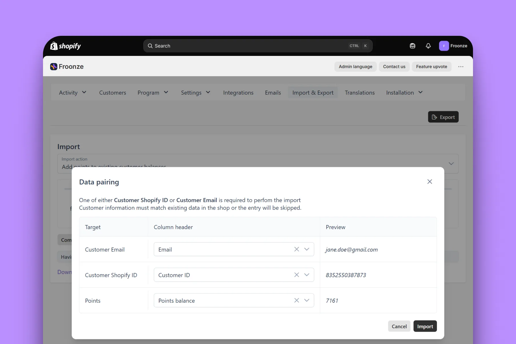 Froonze app dashboard loyalty migration