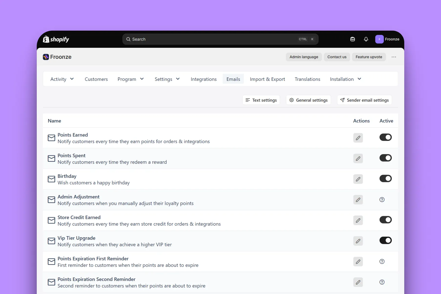 Froonze app dashboard loyalty emails