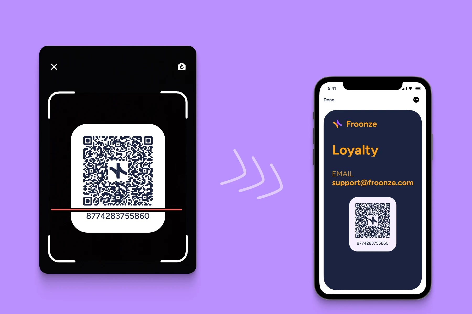 Froonze loyalty digital cards with scannable QR code on pos
