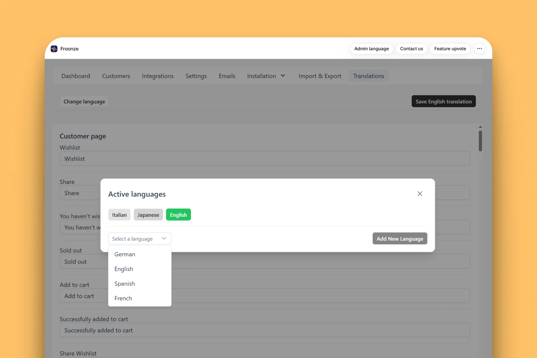 Froonze wishlist translations dashboard