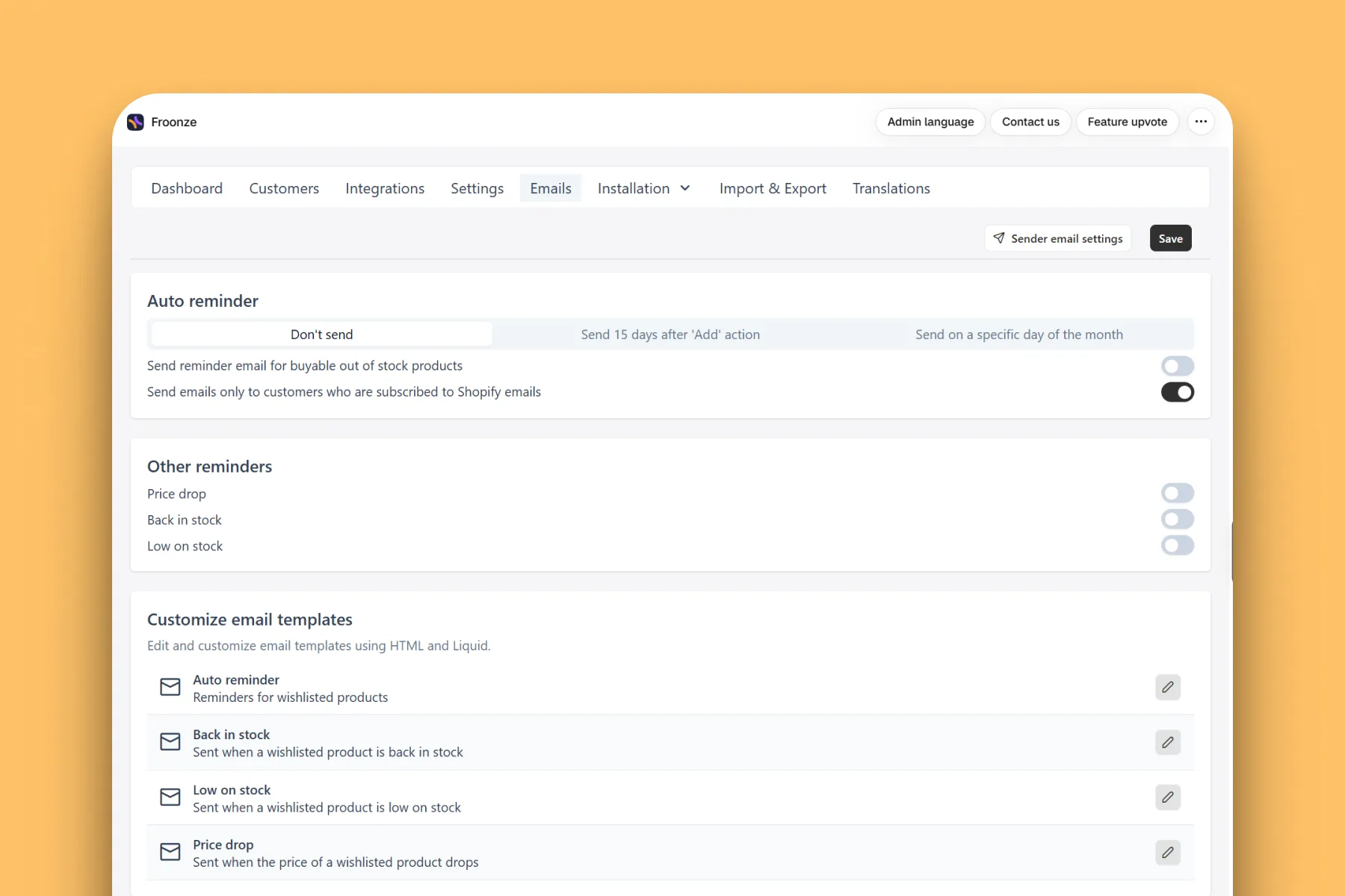 Froonze wishlist emails dashboard