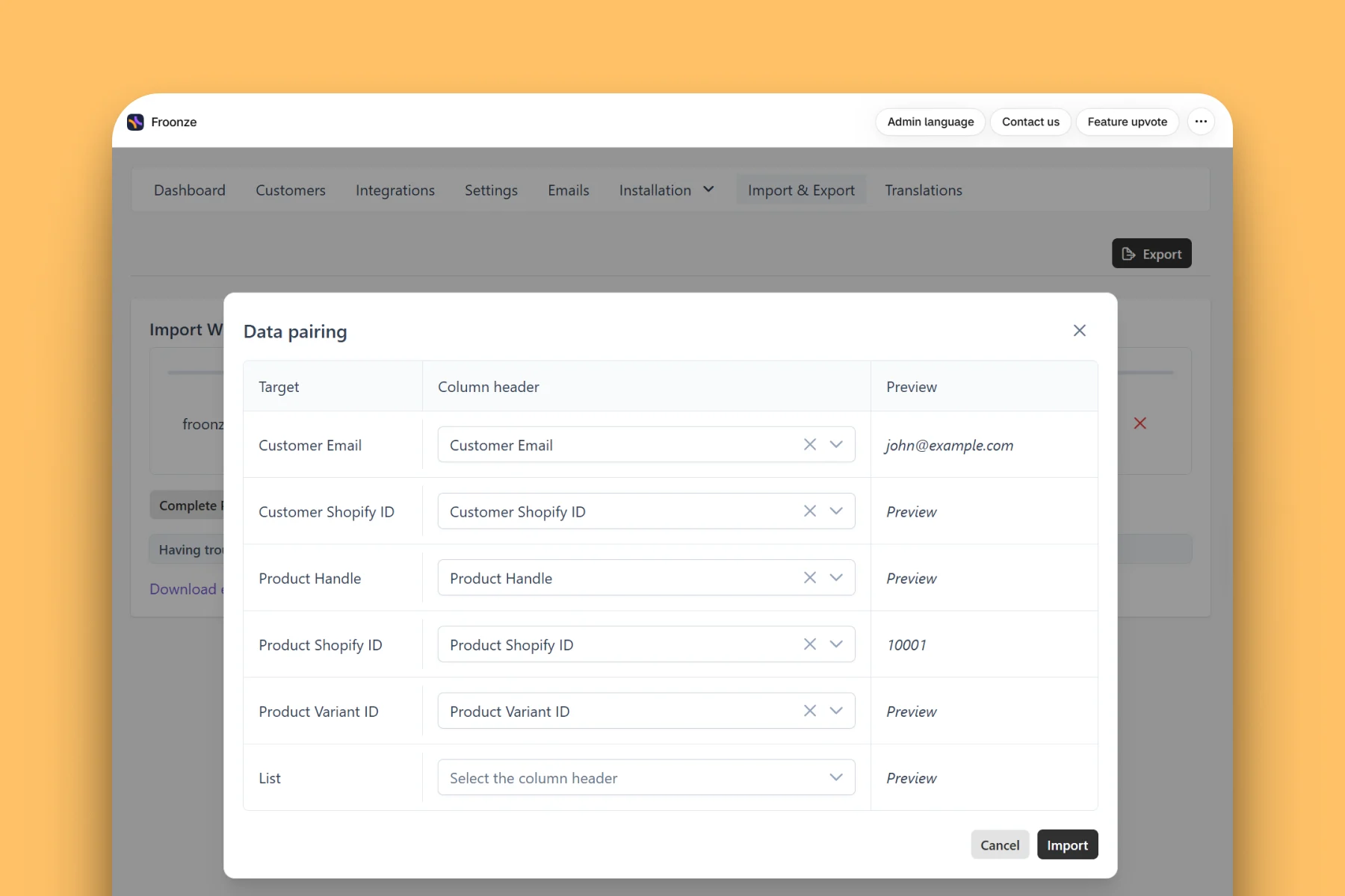 Froonze wishlist migration dashboard