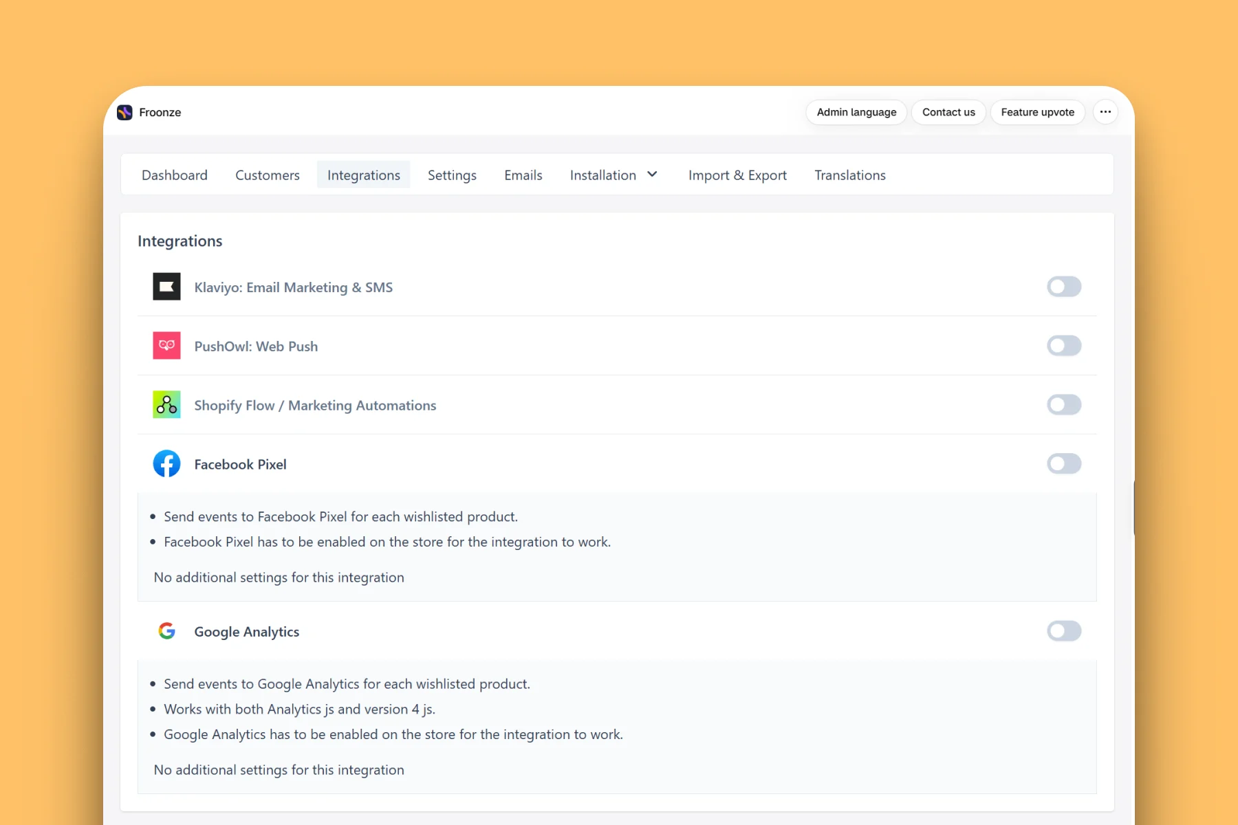 Froonze wishlist integrations dashboard