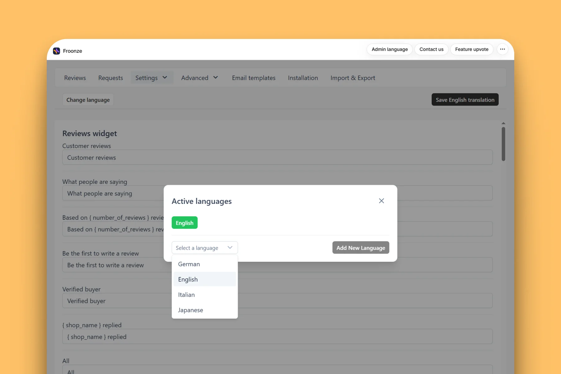 Froonze reviews translations dashboard
