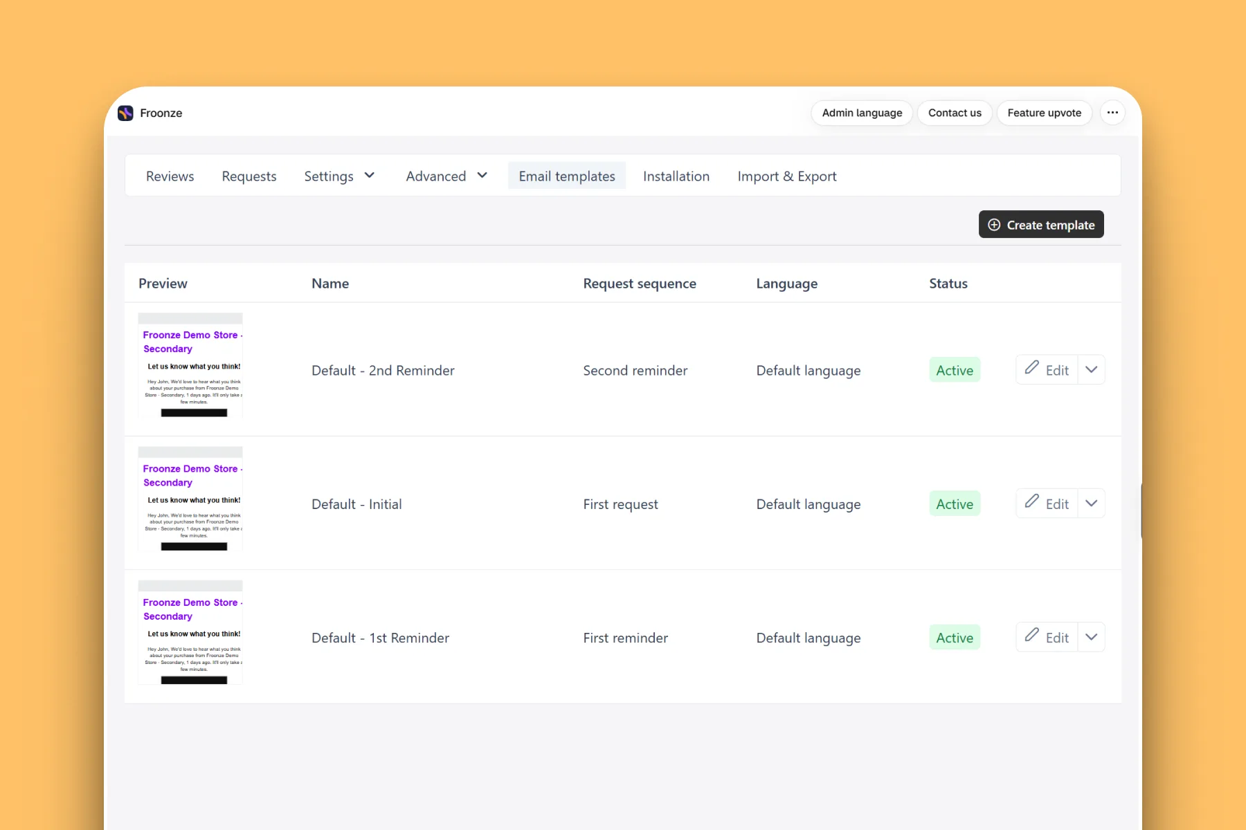 Froonze reviews emails dashboard