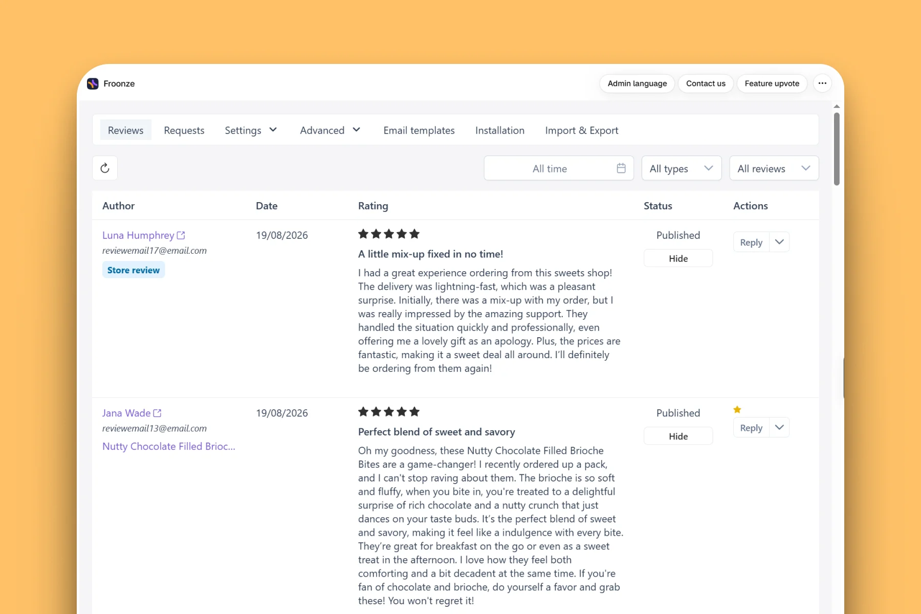Froonze reviews analytics dashboard