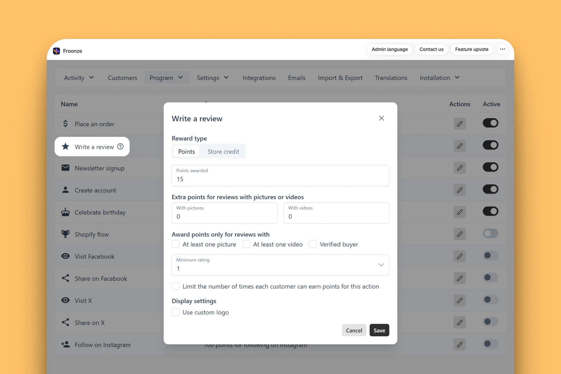 Froonze reviews to loyalty integration
