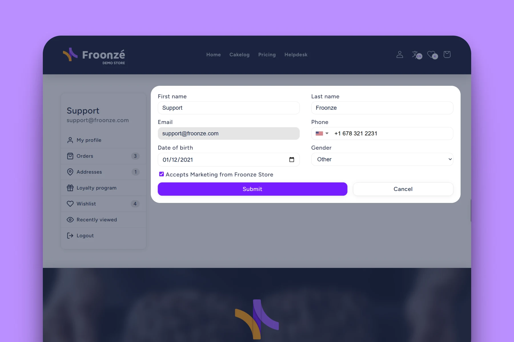 Froonze accounts profile edit view